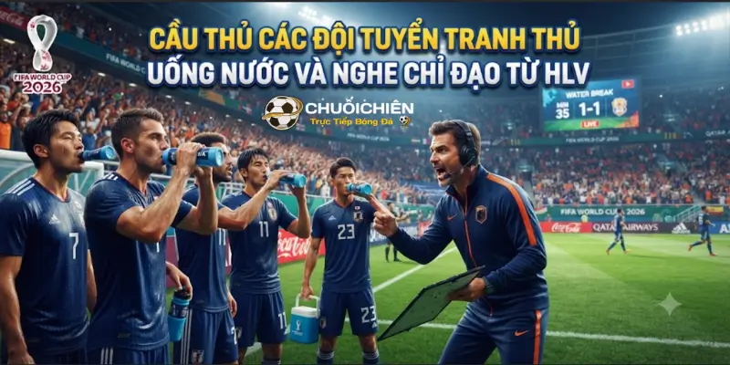 Cầu thủ các đội tuyển tranh thủ uống nước và nghe chỉ đạo từ HLV