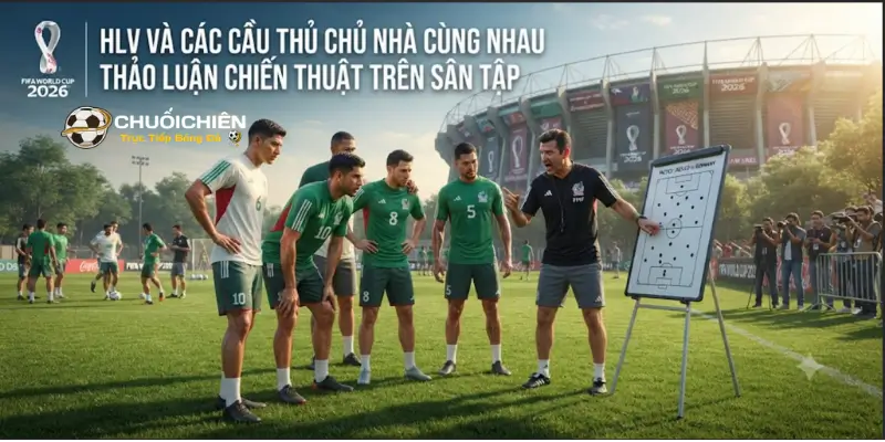 HLV và các cầu thủ chủ nhà cùng nhau thảo luận chiến thuật trên sân tập