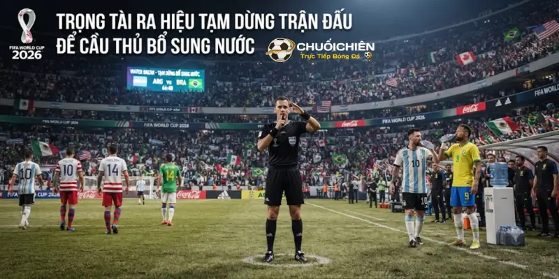 Trọng tài ra hiệu tạm dừng trận đấu để cầu thủ bổ sung nước
